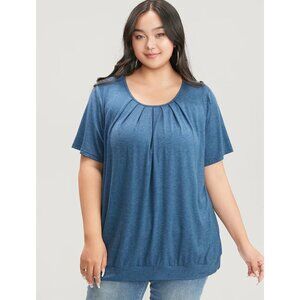 NWT Bloomchic Solid Round Neck Pleated Detail Tee-Shirt Size 28/5X Blue Pleated